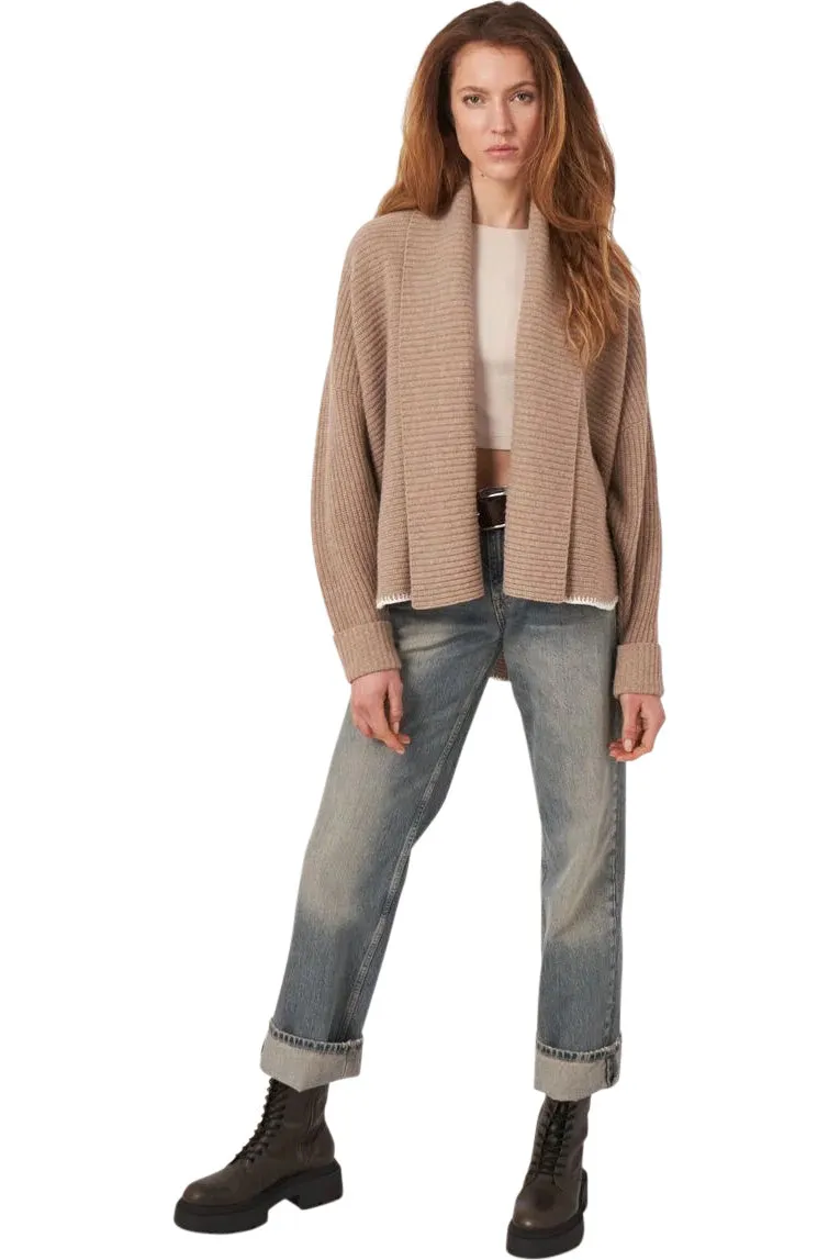 Repeat Cashmere Wool Rib Knit Cardigan with Wide Shawl Neck in Taupe