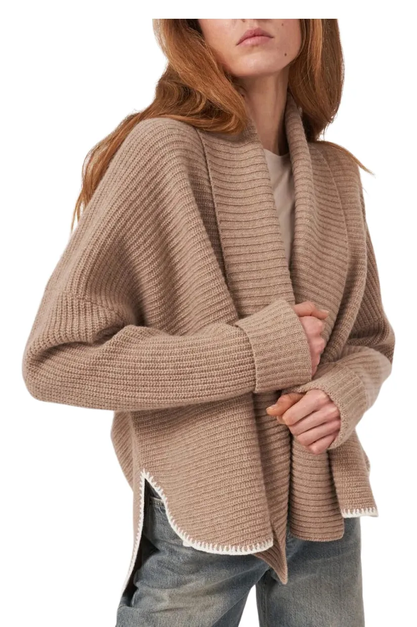 Repeat Cashmere Wool Rib Knit Cardigan with Wide Shawl Neck in Taupe