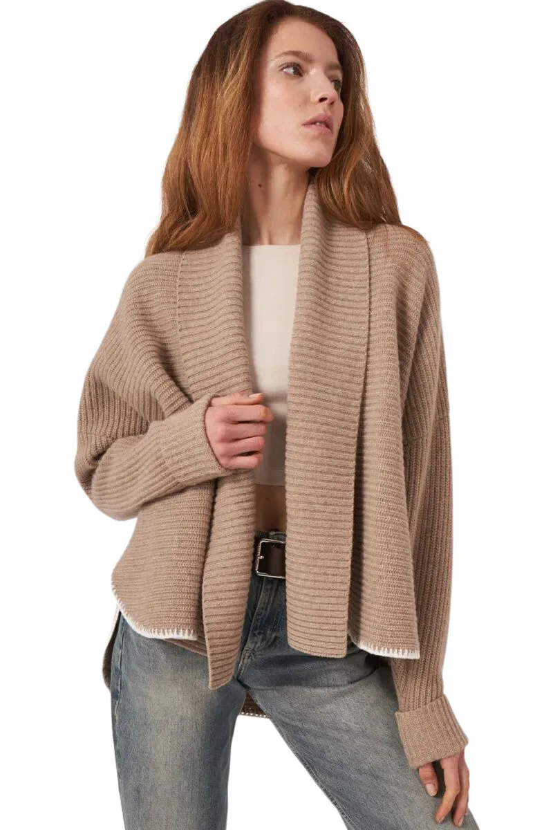 Repeat Cashmere Wool Rib Knit Cardigan with Wide Shawl Neck in Taupe