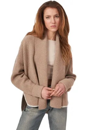 Repeat Cashmere Wool Rib Knit Cardigan with Wide Shawl Neck in Taupe