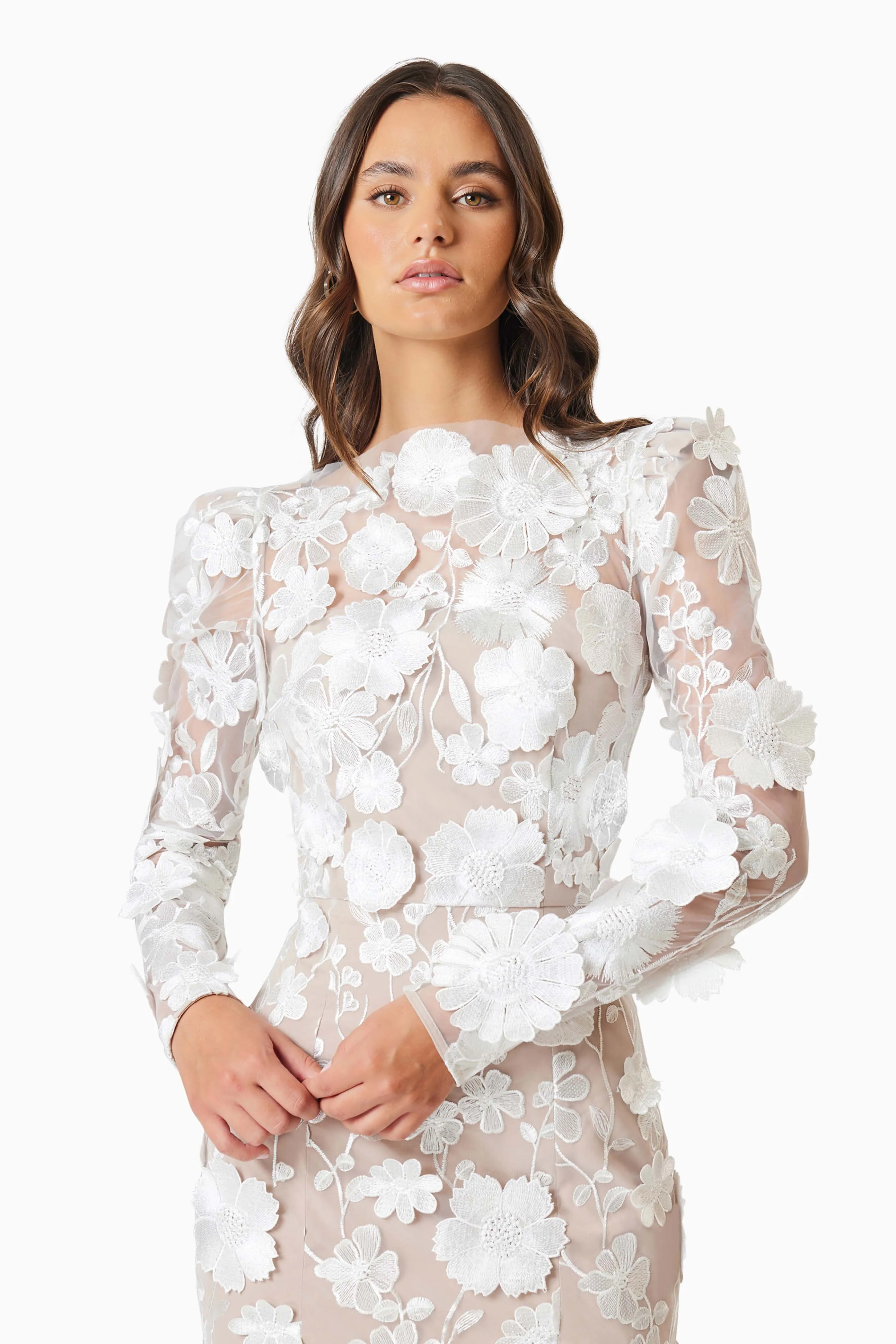 Shannon 3D Floral Midi Dress In White