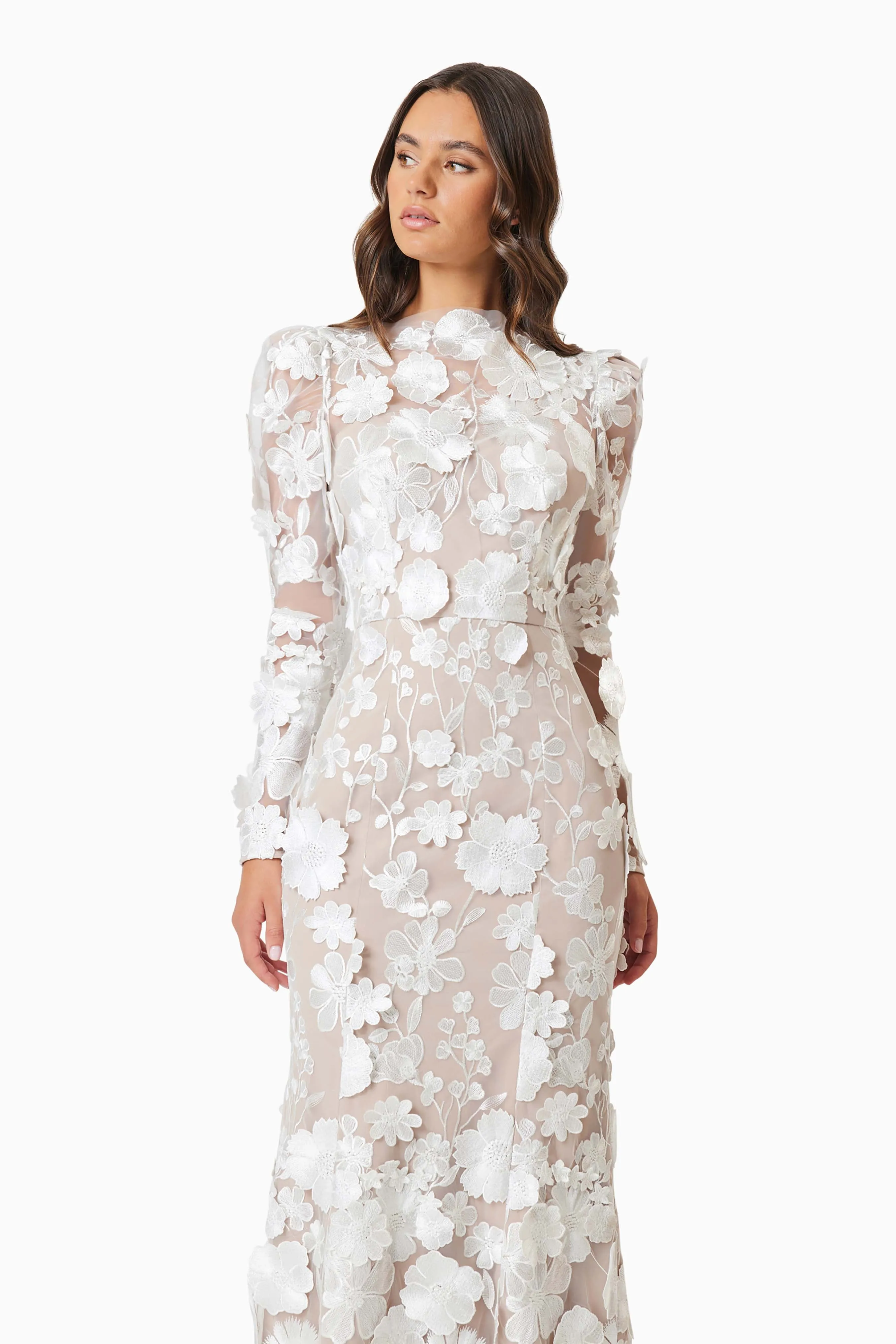 Shannon 3D Floral Midi Dress In White