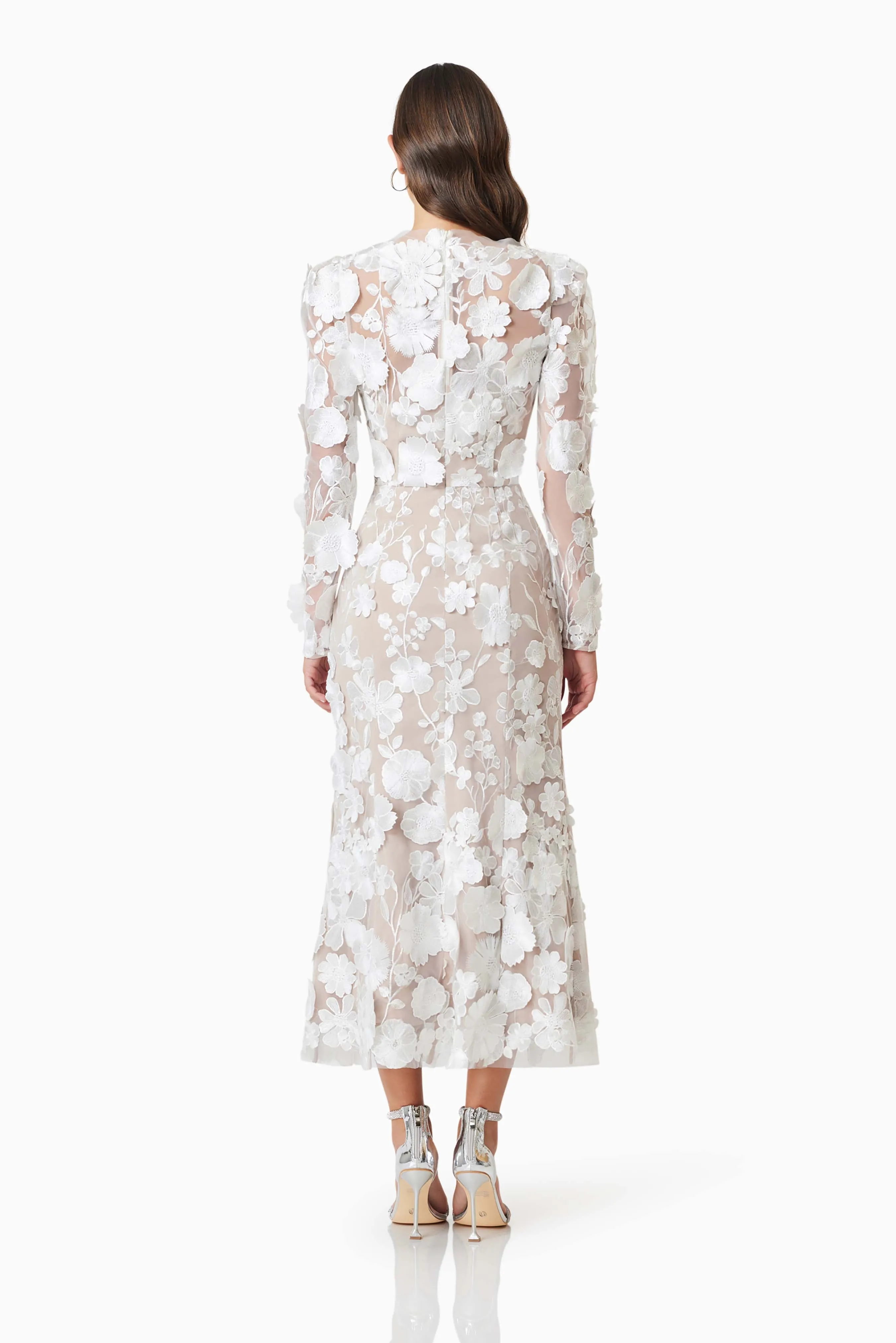 Shannon 3D Floral Midi Dress In White