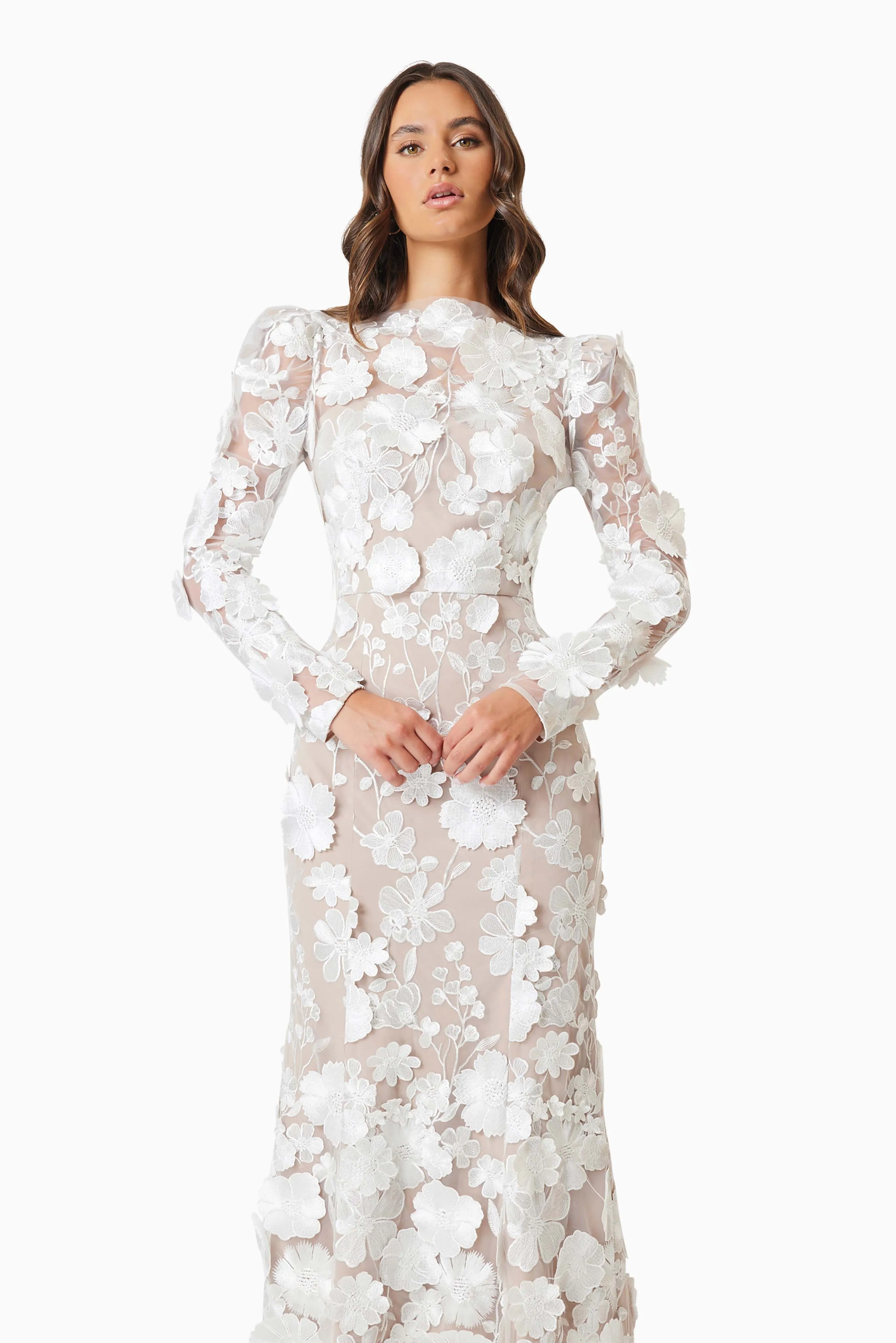 Shannon 3D Floral Midi Dress In White