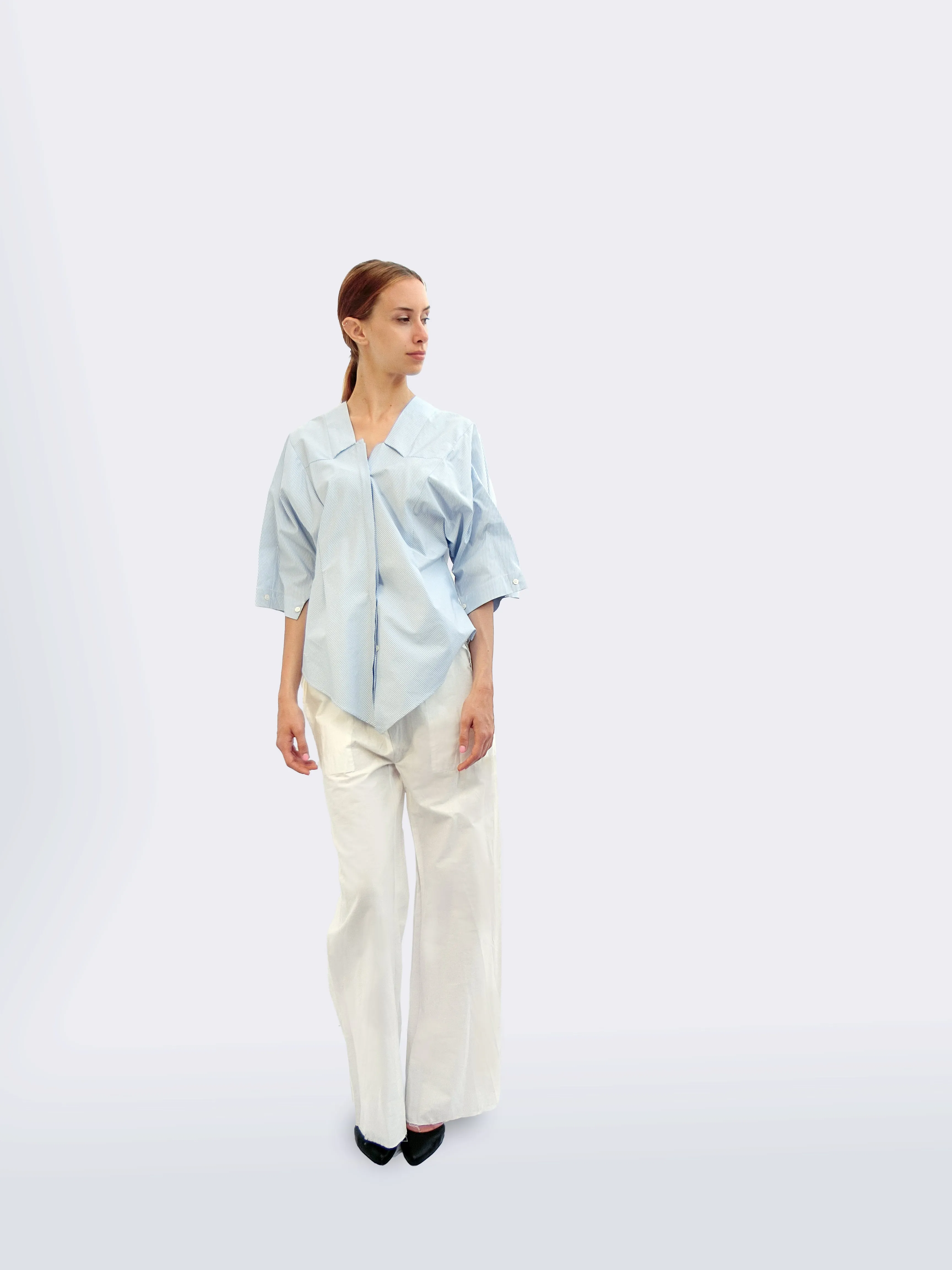 Six-quarter Sleeve Striped Shirt with Origami Classic Collar/ Light blue