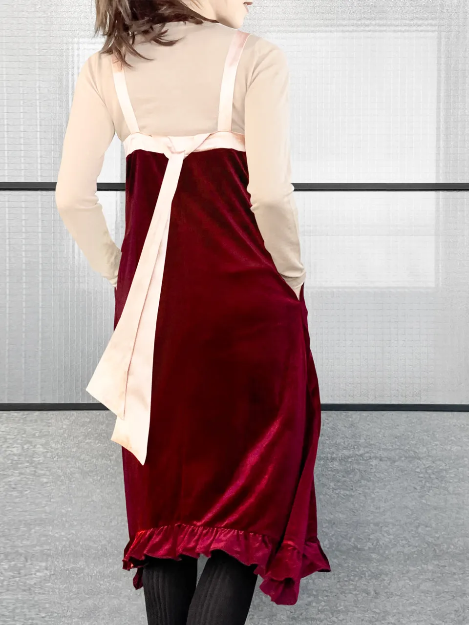 Surprise Sale! Madder Red Silky Contrast V-Neck A-Line Velvet Dress