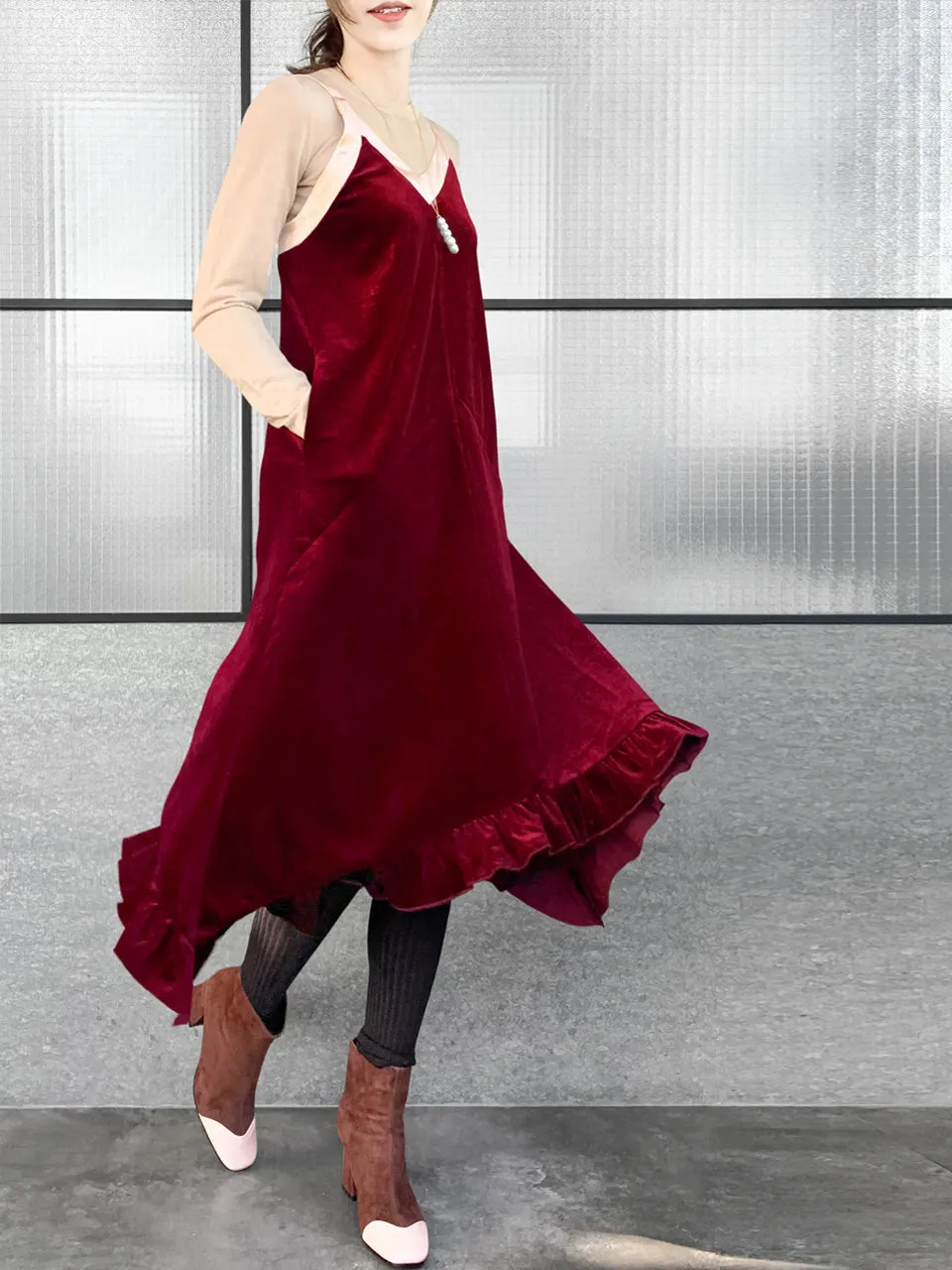 Surprise Sale! Madder Red Silky Contrast V-Neck A-Line Velvet Dress