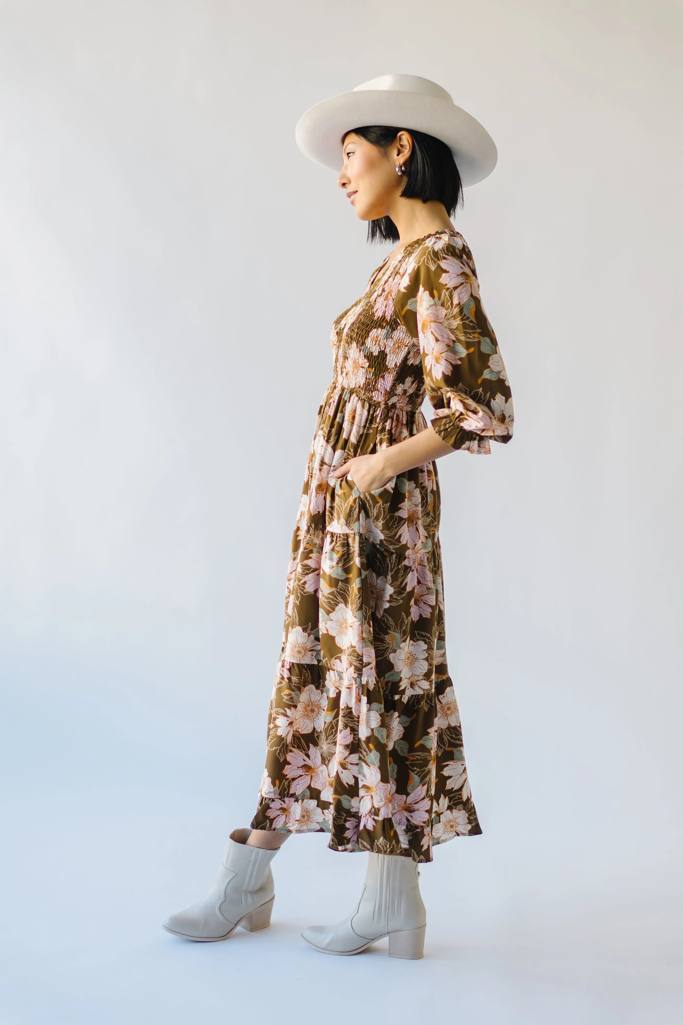 The Meder Smocked Detail Midi Dress in Brown Multi