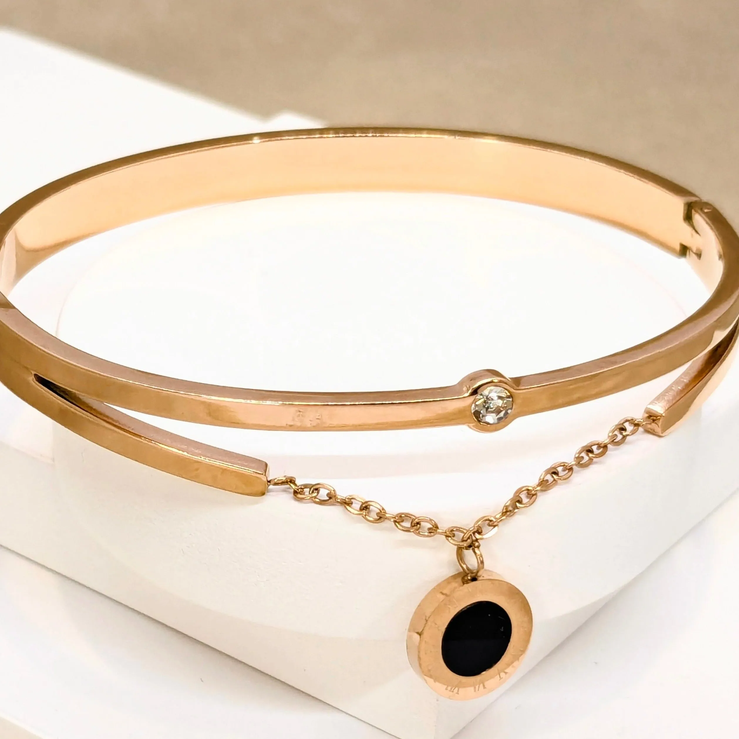 Trendy Swing Style American Diamond Studded Rose Gold Bracelet