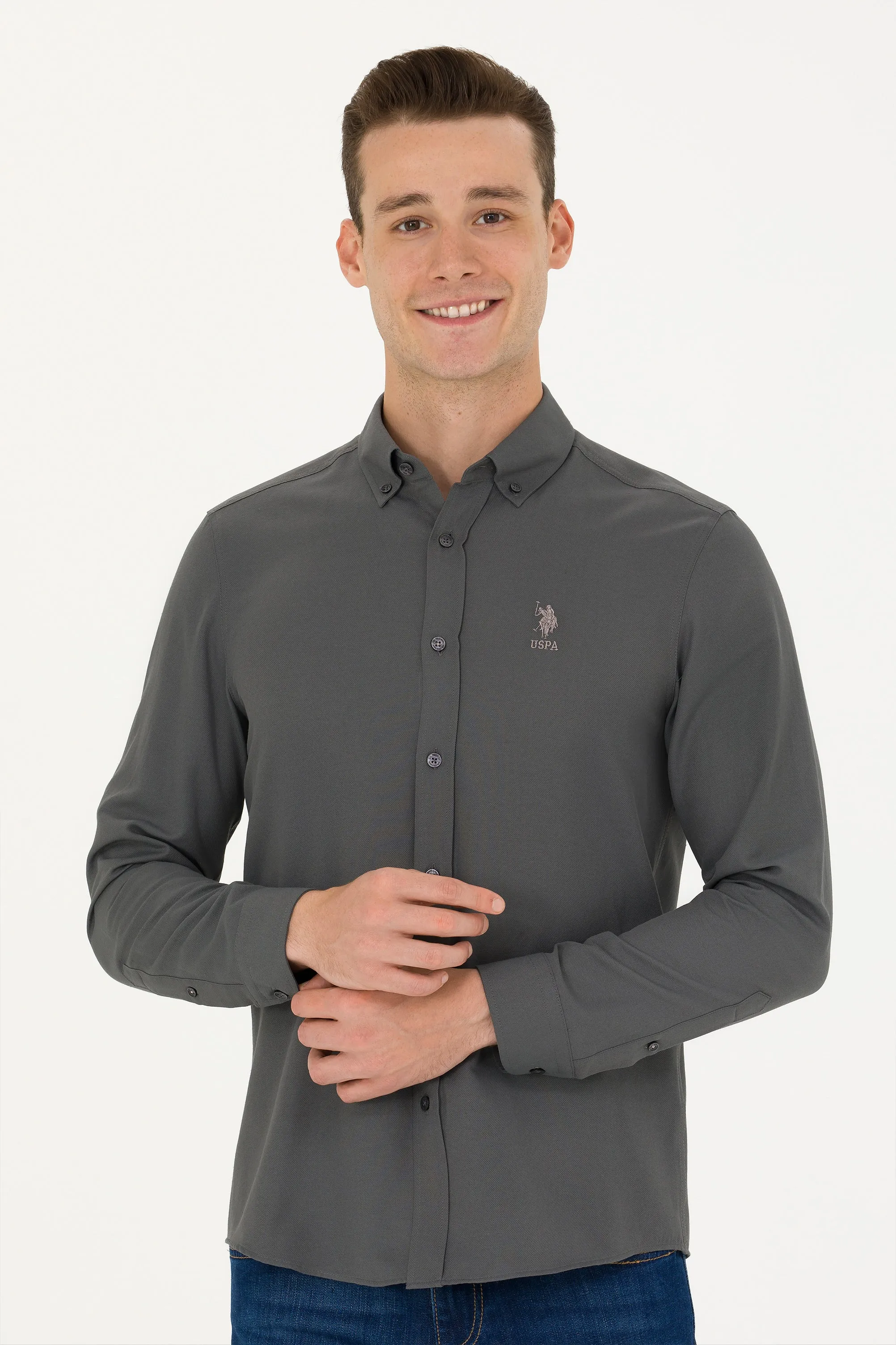 USPA Shirt Men Anthracite VR006 USPSH303 Slim Full Sleeve US Polo Assn.